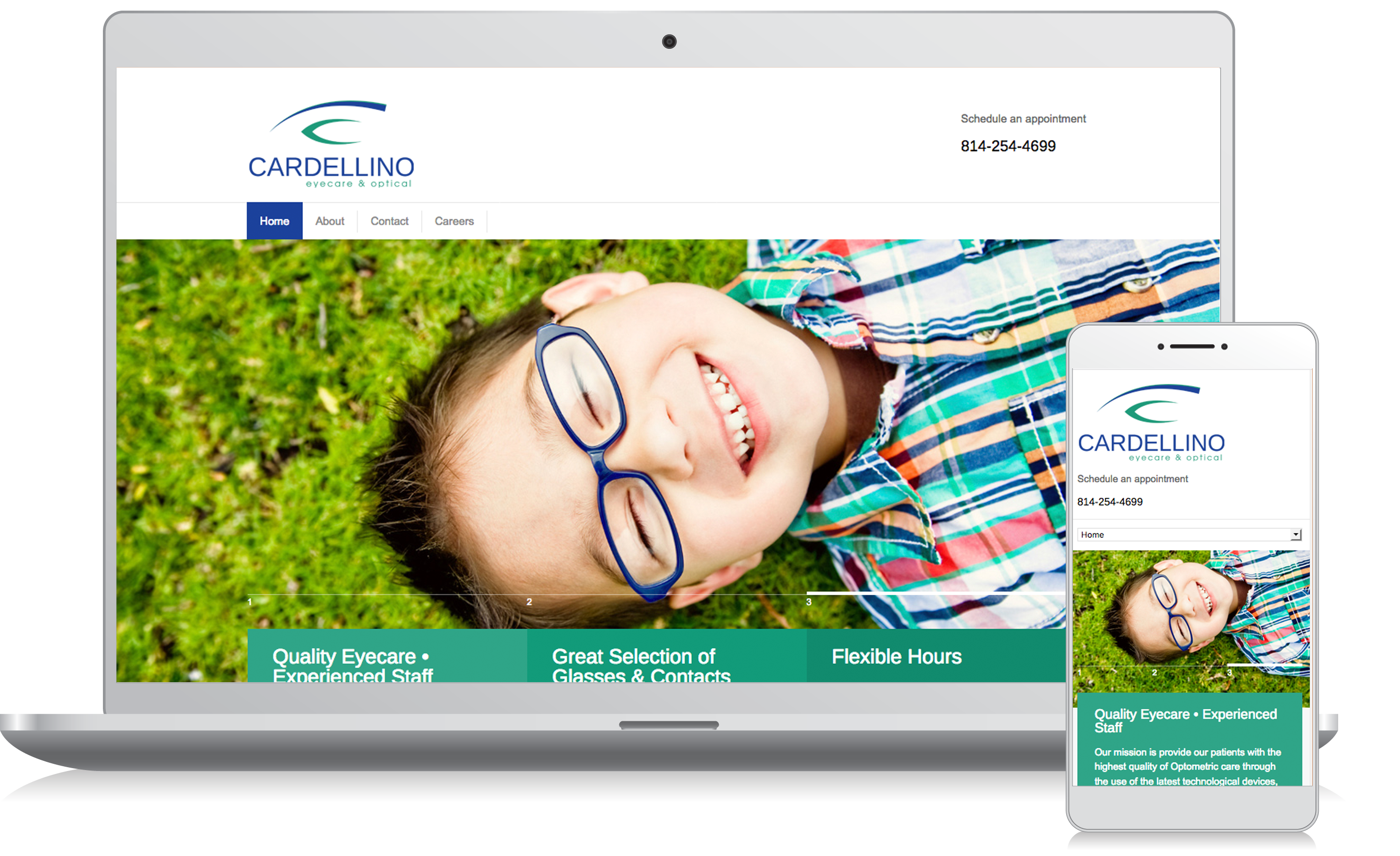 Cellphone and computer image of the Cardellino Eyecare website homepage