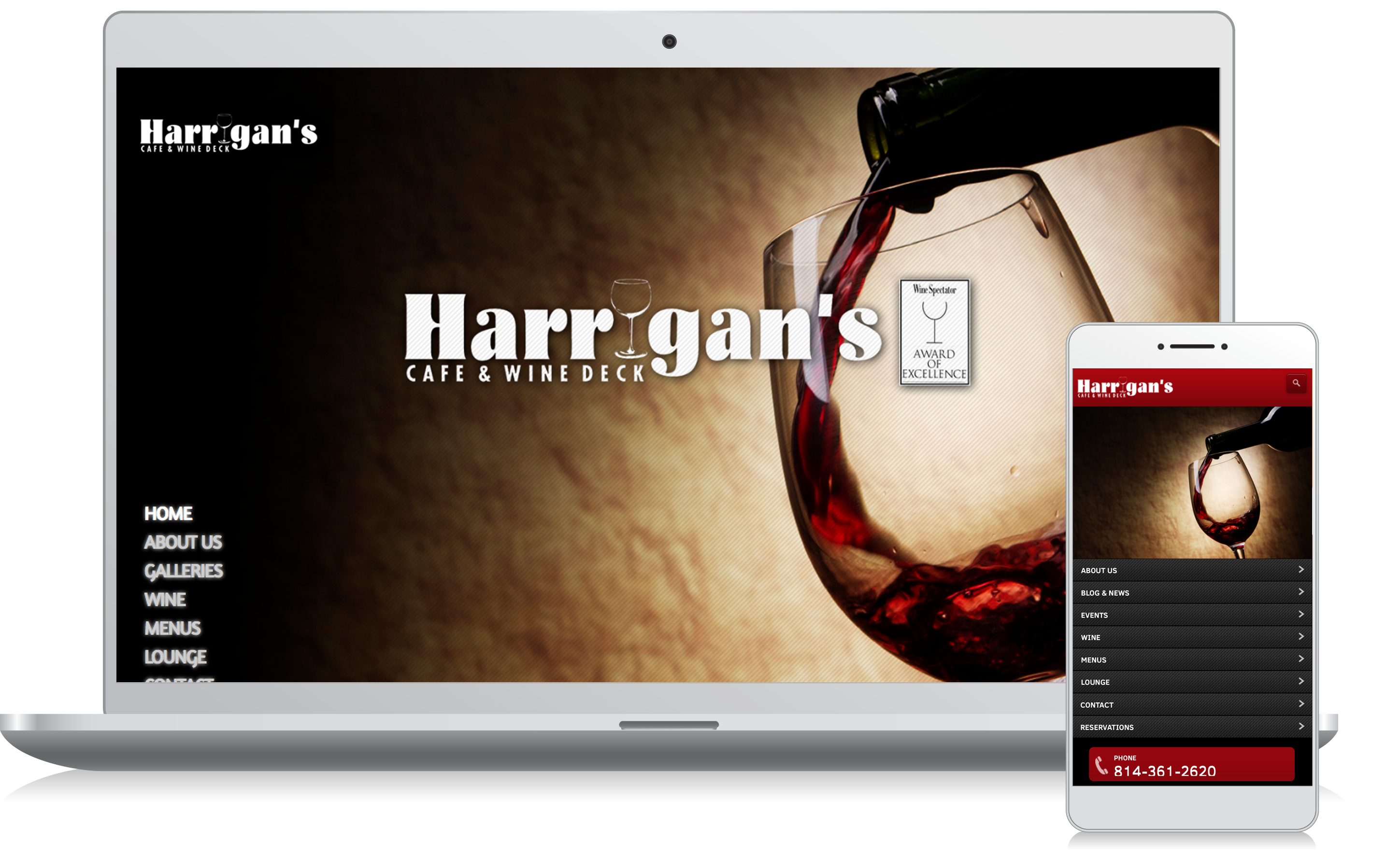 Cellphone and computer image of the Harrigan's Cafe website homepage