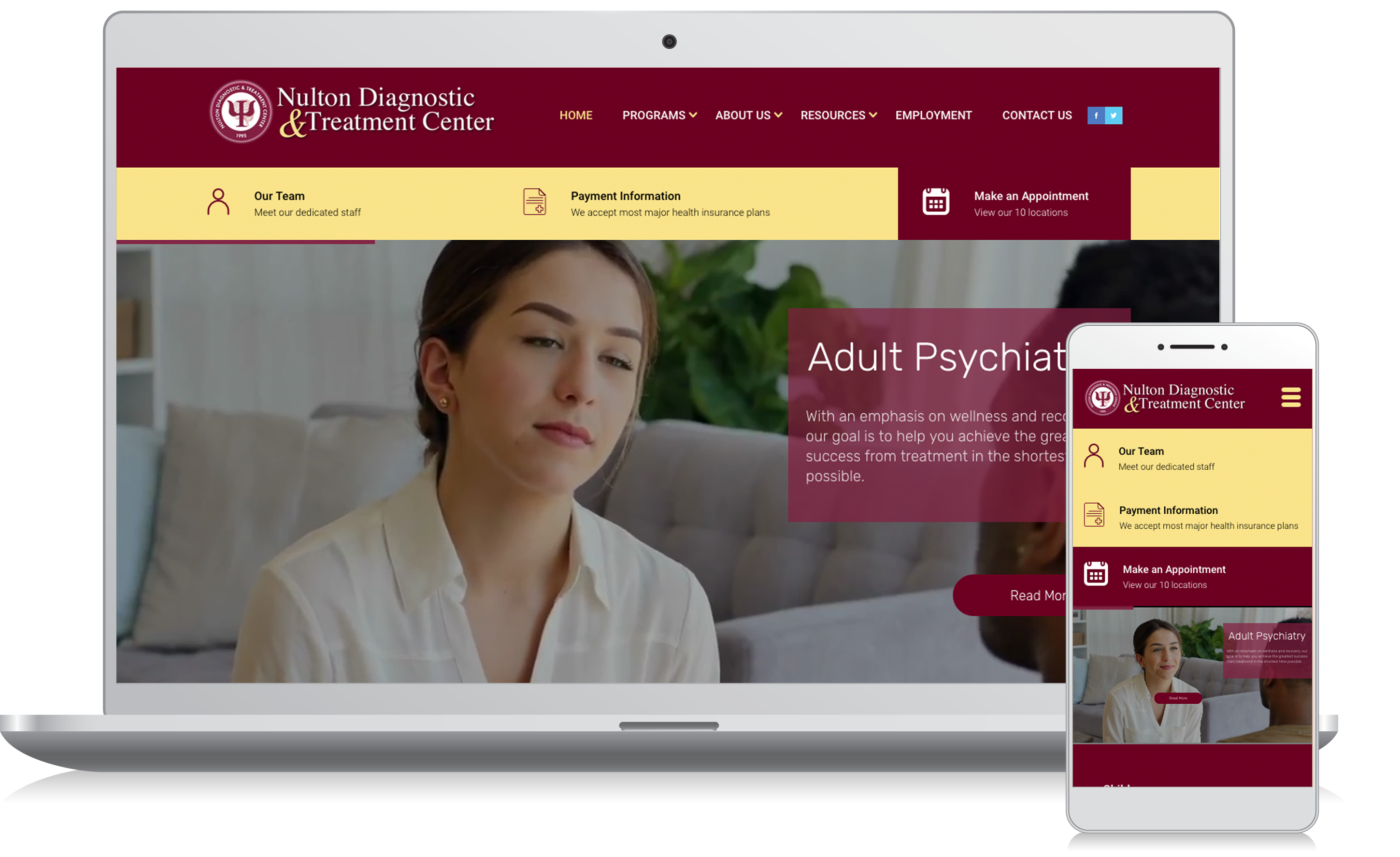 Cellphone and computer image of the Nulton Diagnostic Treatment Center website homepage